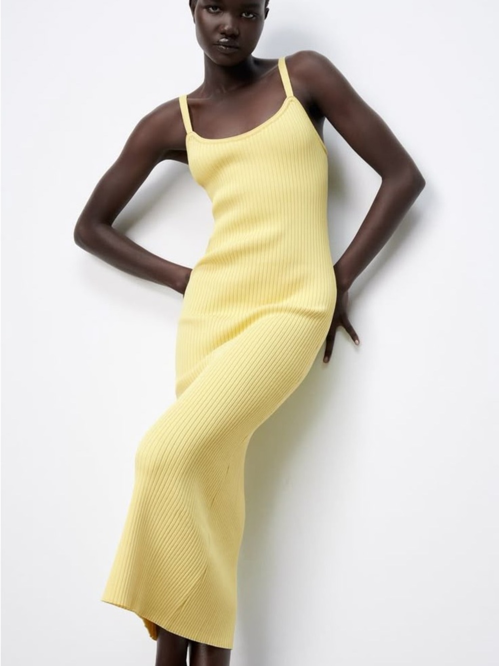 Zara Ribbed Knit Spaghetti Strap Maxi Dress - Yellow